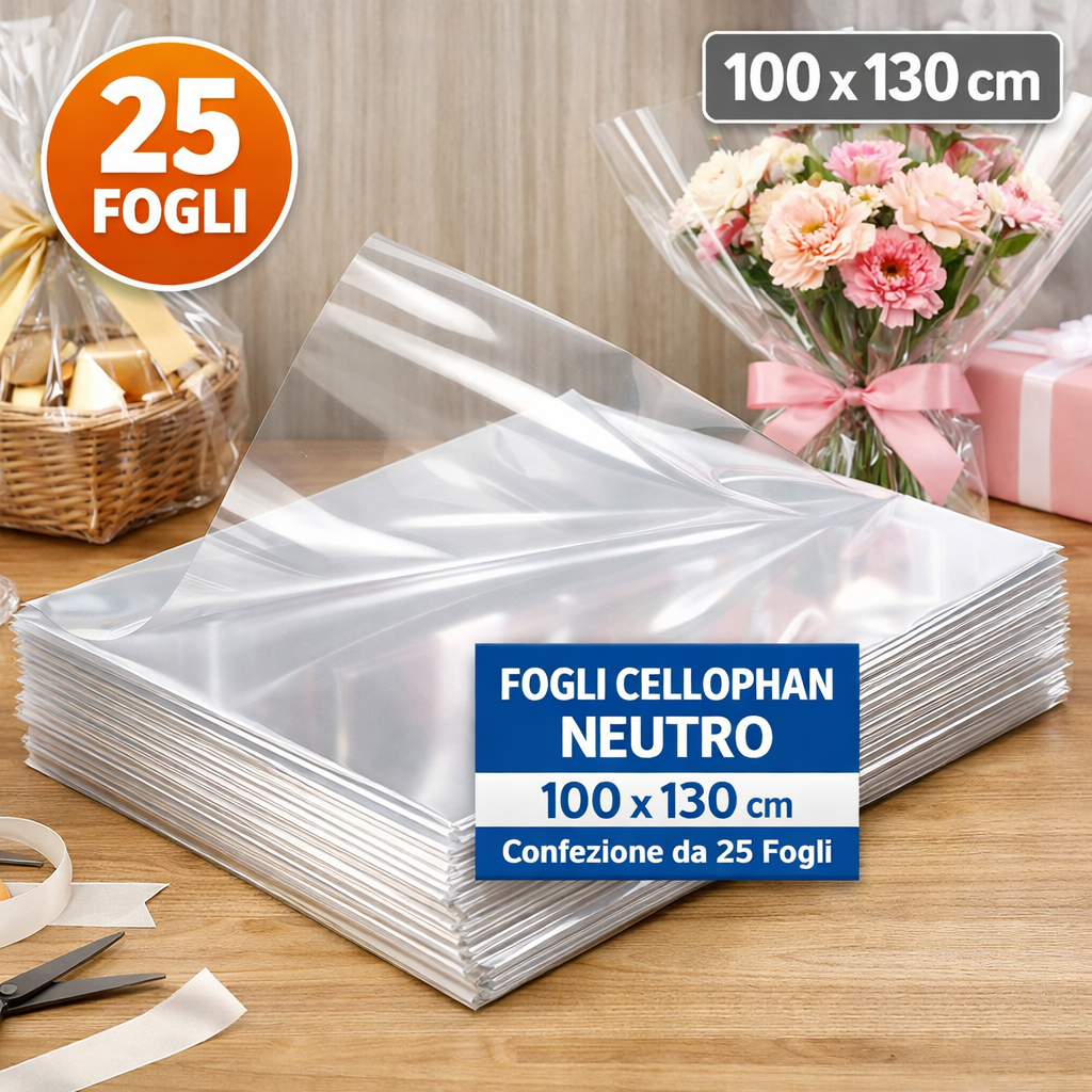 25 Fogli Cellophan Neutro 100x130 cm – Trasparente per Confezioni Regalo